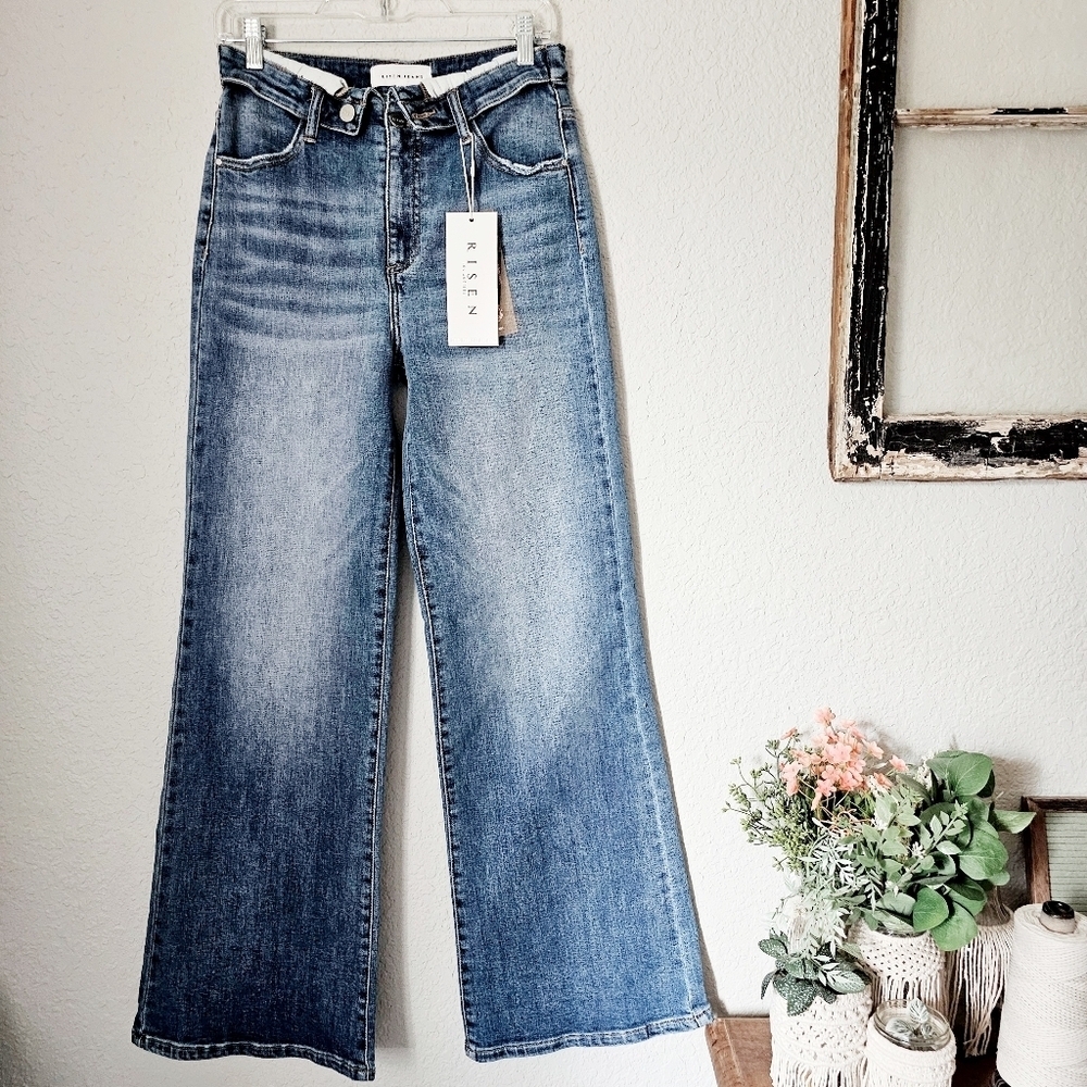 RISEN HR Medium Wash Slim Wide Leg Jeans Fold Over Stretch Classic 9/29 NEW - Picture 5 of 10